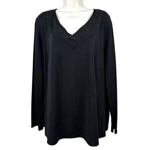 Talbots Vintage Blouse Top V-Neck Long Sleeve Stretch Knit Rhinestones Black 2X
